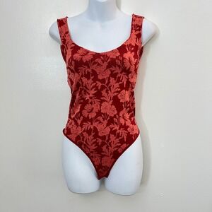 Free People Printed‎ Clean Lines Red Jacquard Print Bodysuit Swim Size S